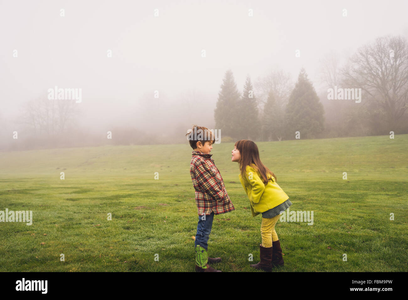 Jungen und Mädchen von Angesicht zu Angesicht stehen im Park an einem nebeligen Tag Stockfoto