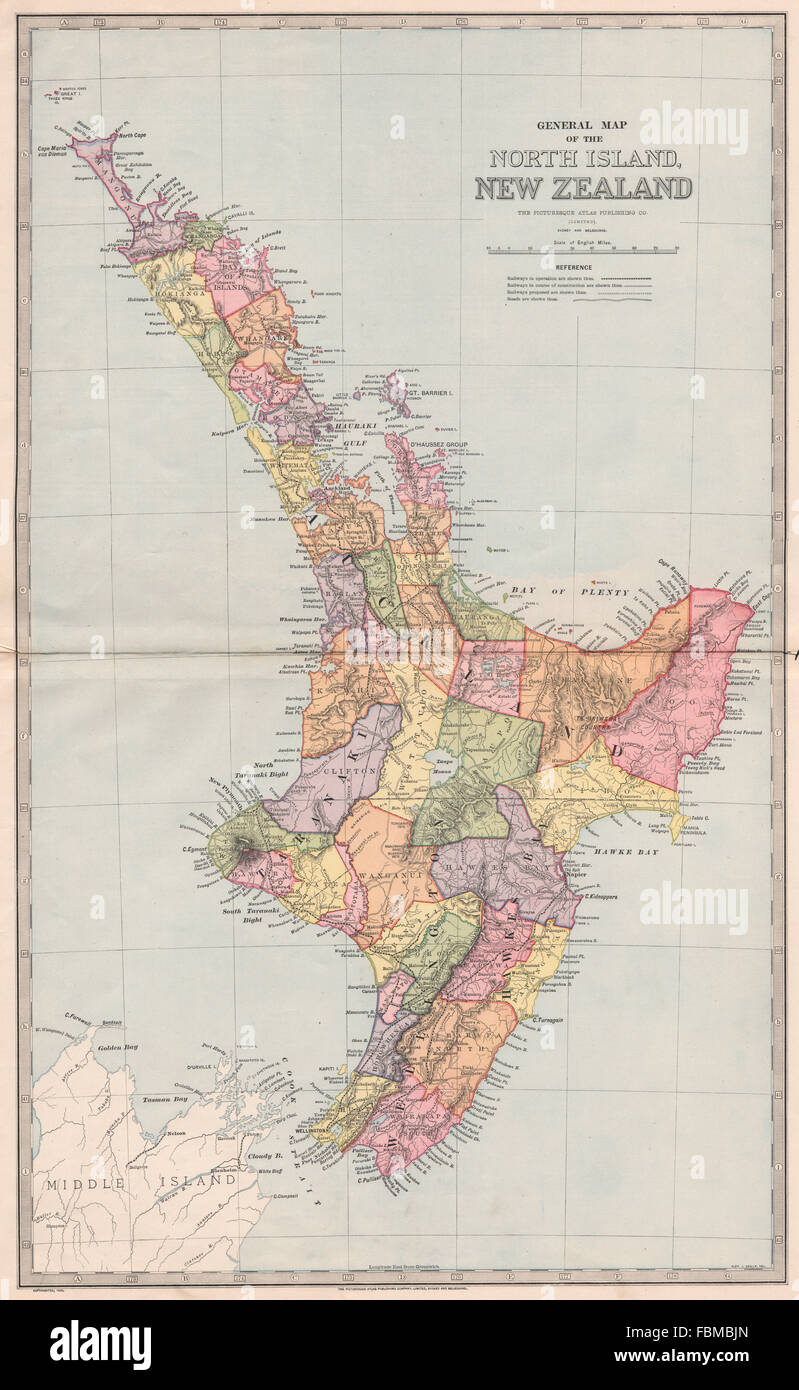 Große Karte von NORTH ISLAND, Neuseeland, zeigt Grafschaften. GARRAN, 1888 Stockfoto