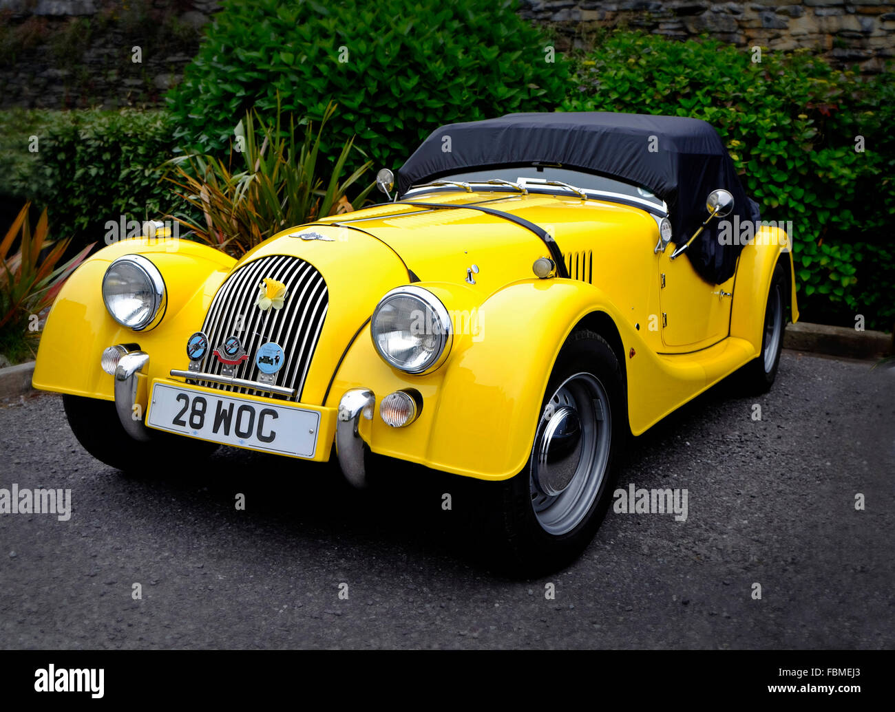 Lebhaft gelb gefärbten Morgan Sportwagen abgebildet in West Cork, Irland Stockfoto