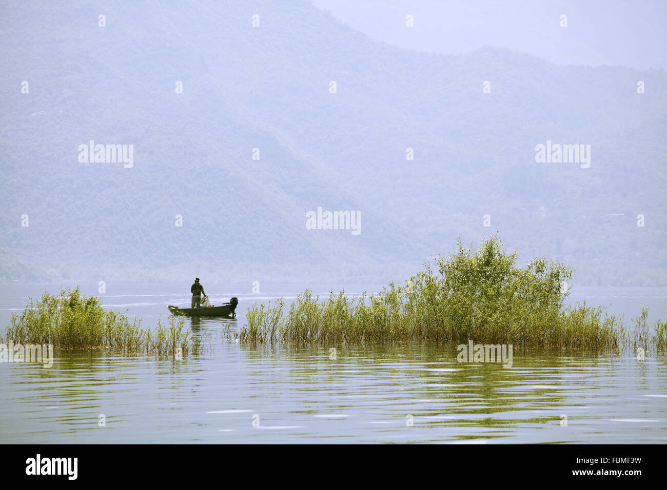 Skutarisee, Montenegro, an einem nebligen Morgen Stockfoto
