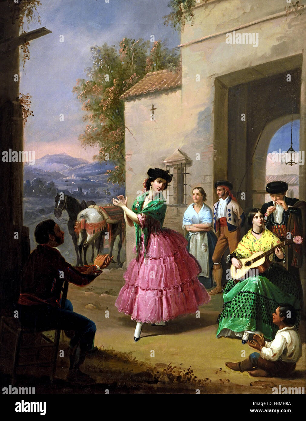 Vor den Toren der Farm 1854 Manuel Cabral Aguado Bejarano 1827-1891 Andalusien Spanisch Spanien jubeln Stockfoto