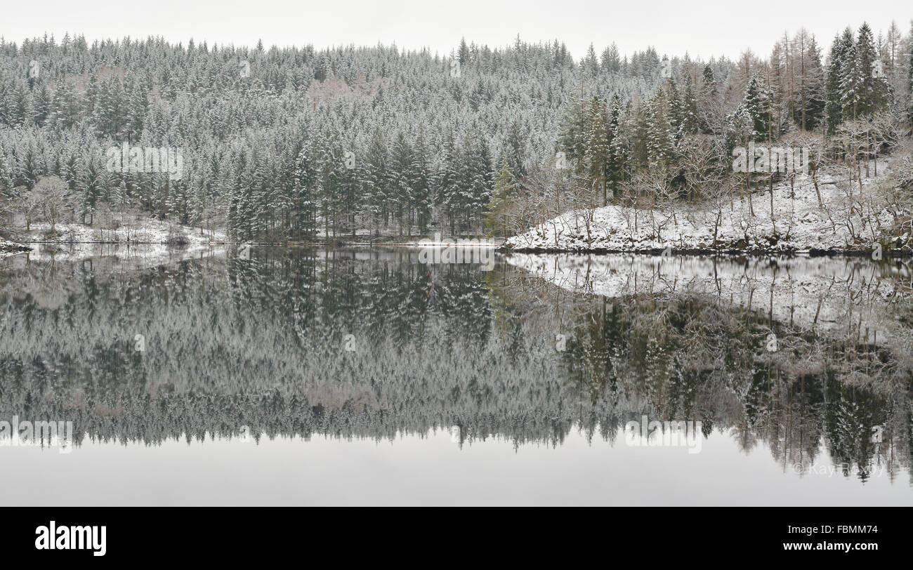 Loch Ard Winter Reflexionen nach Schneefall - eine leichte Abstauben von Schnee und stilles Wasser erstellen erstaunlich detaillierte Überlegungen Stockfoto