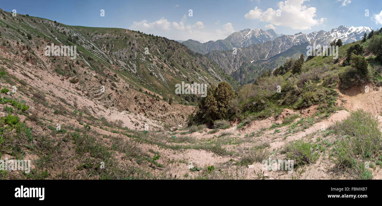 Panorama des Tschimgan-Gebirges, Usbekistan, an einem sonnigen Tag Stockfoto