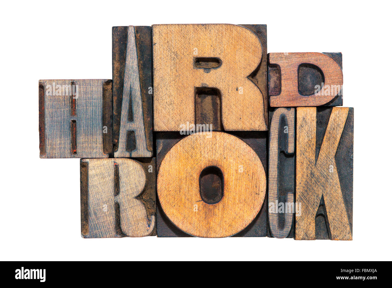 Hard-Rock-Satz aus gemischten hölzerne Buchdruck isoliert auf weiss hergestellt Stockfoto