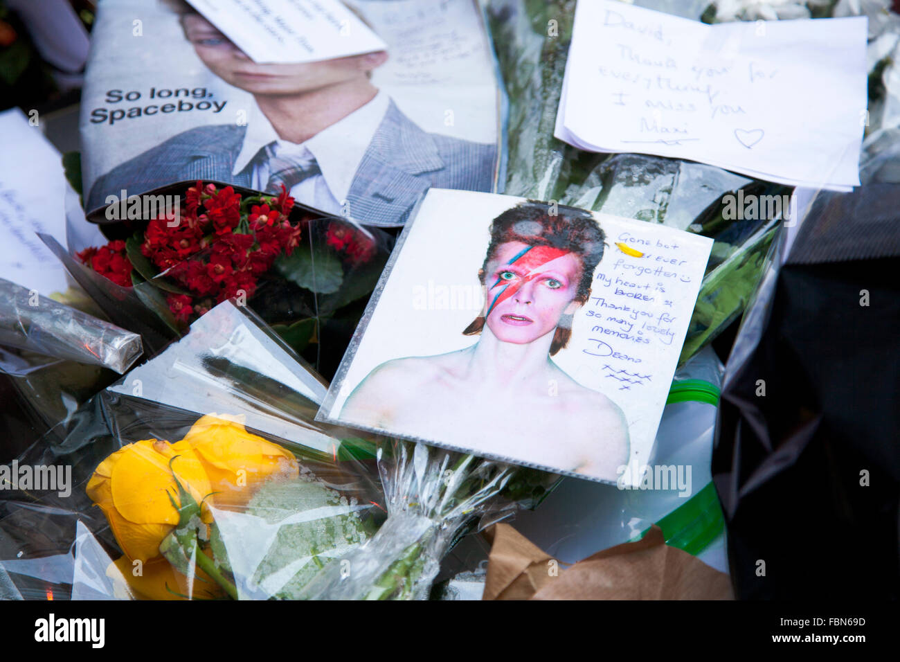 London, UK. 18. Januar 2015. Fans legen Blumen und lassen Sie Nachrichten auf Heddon Street nach dem unerwarteten Ableben von Musiker und Schauspieler David Bowie am 10. Januar. Der Schrein markiert die Position des Titelbild von Bowies 1972 Album The Rise und Herbst von Ziggy Stardust. Bildnachweis: Nathaniel Noir/Alamy Live-Nachrichten Stockfoto