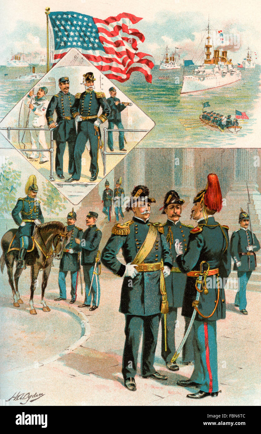 US Army und navy Uniformen zum Zeitpunkt des Spanisch-Amerikanischen Krieges 1898. Stockfoto