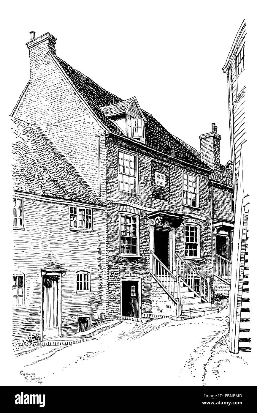 Großbritannien, England, Buckinghamshire, West Wycombe, 43 Church Lane, Grade 2 aufgeführt, 1722-Haus mit Schritten zur Tür 1911 Stockfoto