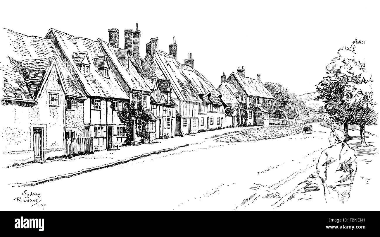 Großbritannien, England, Buckinghamshire, Wendover, alten Hütten in Pfund Straße, 1911 Linie Illustration von Sydney R Jones Stockfoto