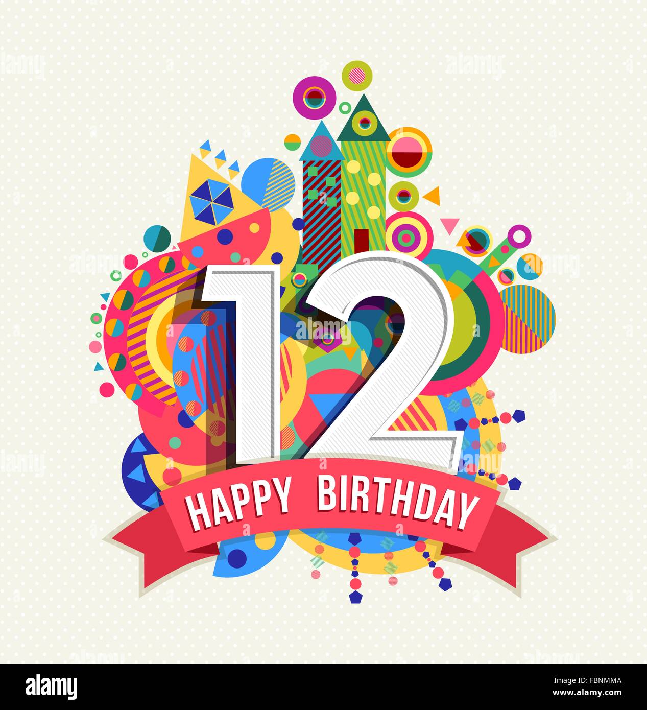 Happy Birthday zwölf 12 Jahr Feier Grußkarte mit Nummer, Beschriftung und bunten Geometriekonstruktion Spaß. EPS10 Vektor. Stock Vektor