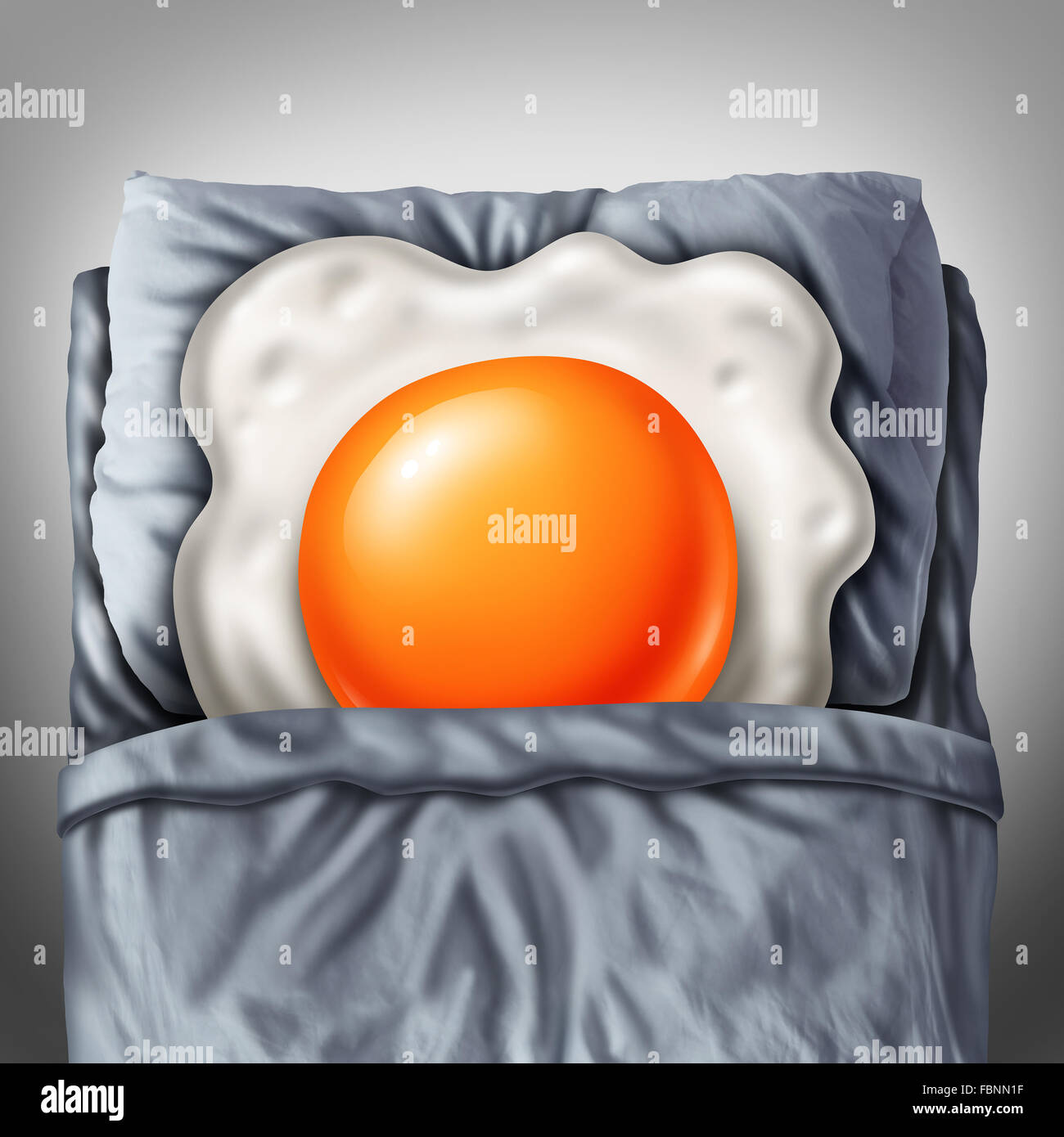Bed &amp; Breakfast Konzept als ein Morgen gebraten Ei Sonnenseite, ruht auf einem Kissen in einem Raum als Metapher für Verpflegung und Unterkunft oder Ernährung Probleme Symbol. Stockfoto
