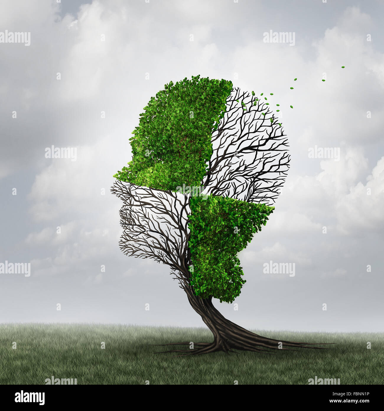 Abschottung und Psychologie als Geist Abwehrmechanismus Konzept oder psychischen Krankheit Metapher als Demenz mit einem Baum, geformt wie ein Kopf mit einem Schachbrettmuster als kognitive und Neurologie-Ikone in Schubladen. Stockfoto