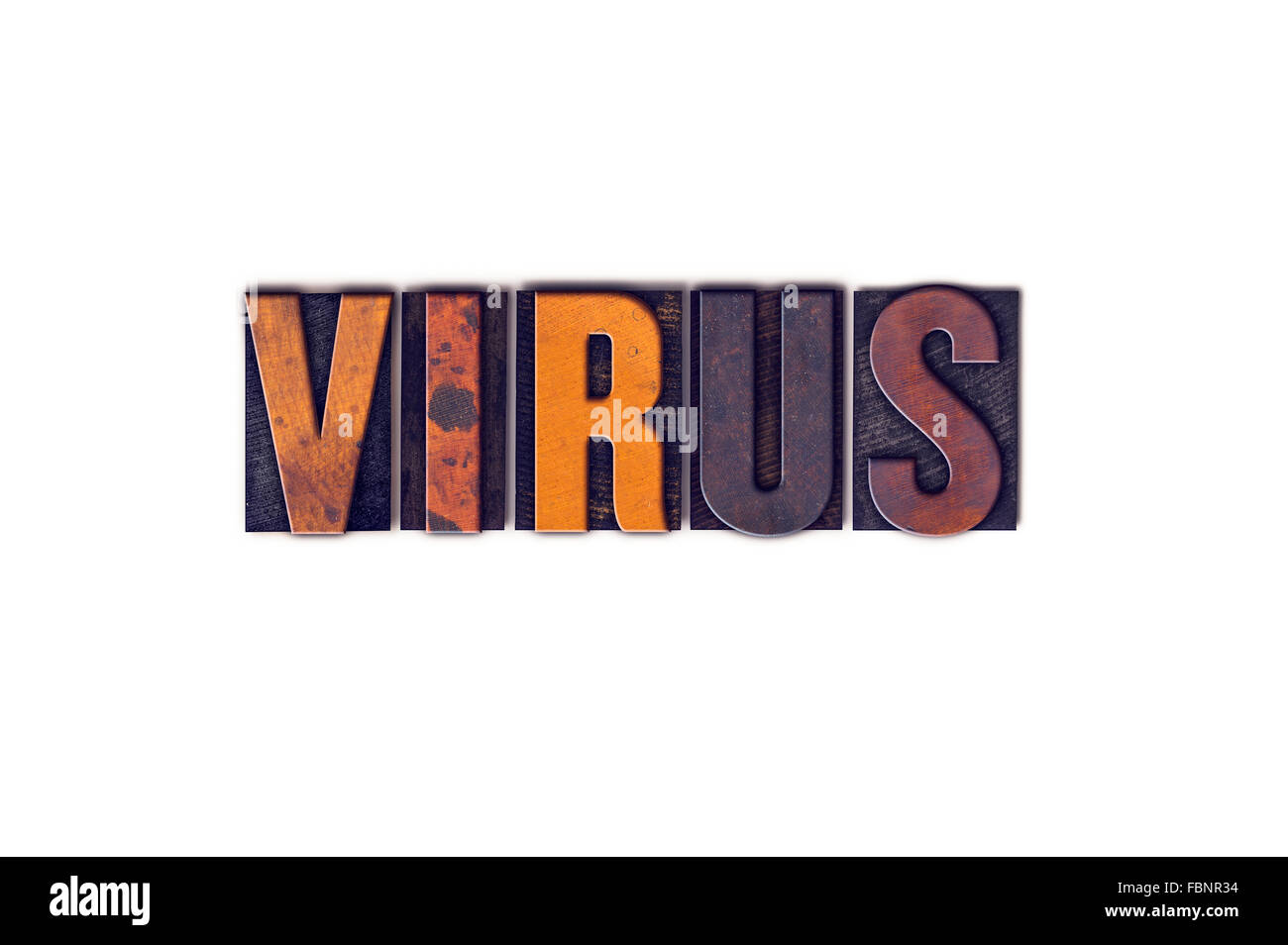 Das Wort "Virus" geschrieben in isolierten Vintage Holz Buchdruck Typ auf einem weißen Hintergrund. Stockfoto
