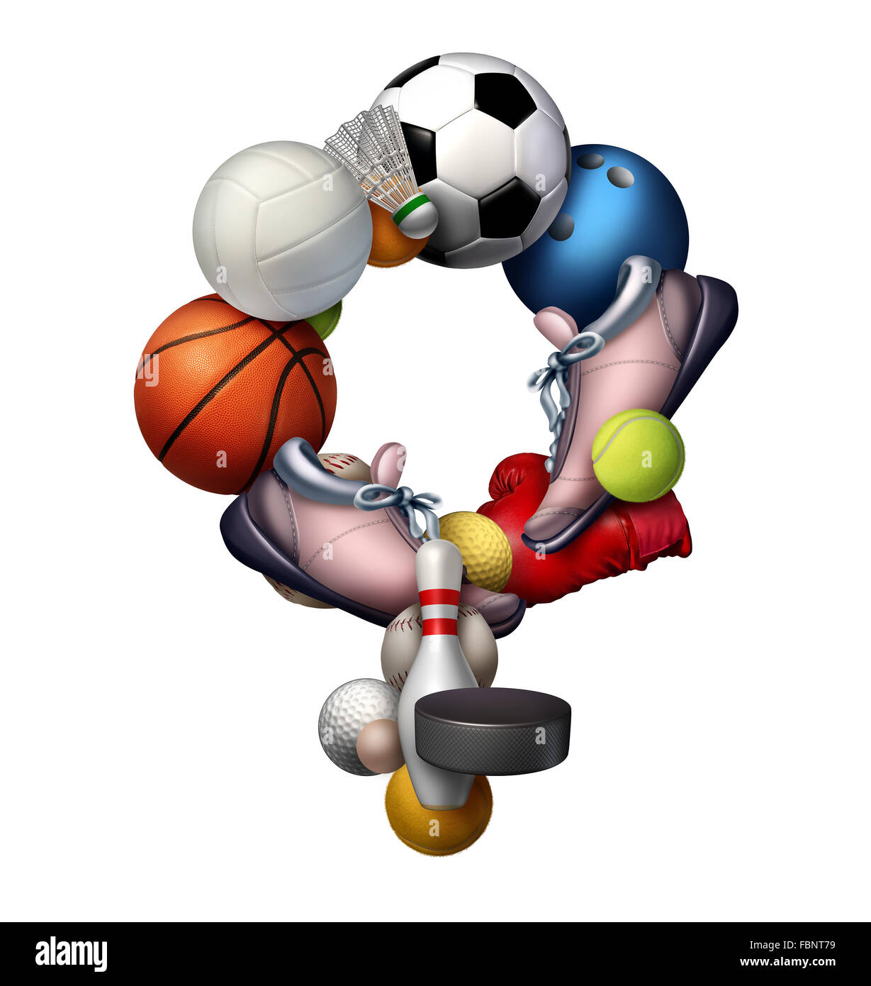Weibliche Sport Zeichen Symbol und Symbol oder Sport Frauen-Konzept als eine Gruppe von Sportausrüstung wie Fußball Volleyball Tennis geformt als ein Symbol für das weibliche Geschlecht als Metapher für Mädchen Fitness und einen aktiven Lebensstil. Stockfoto