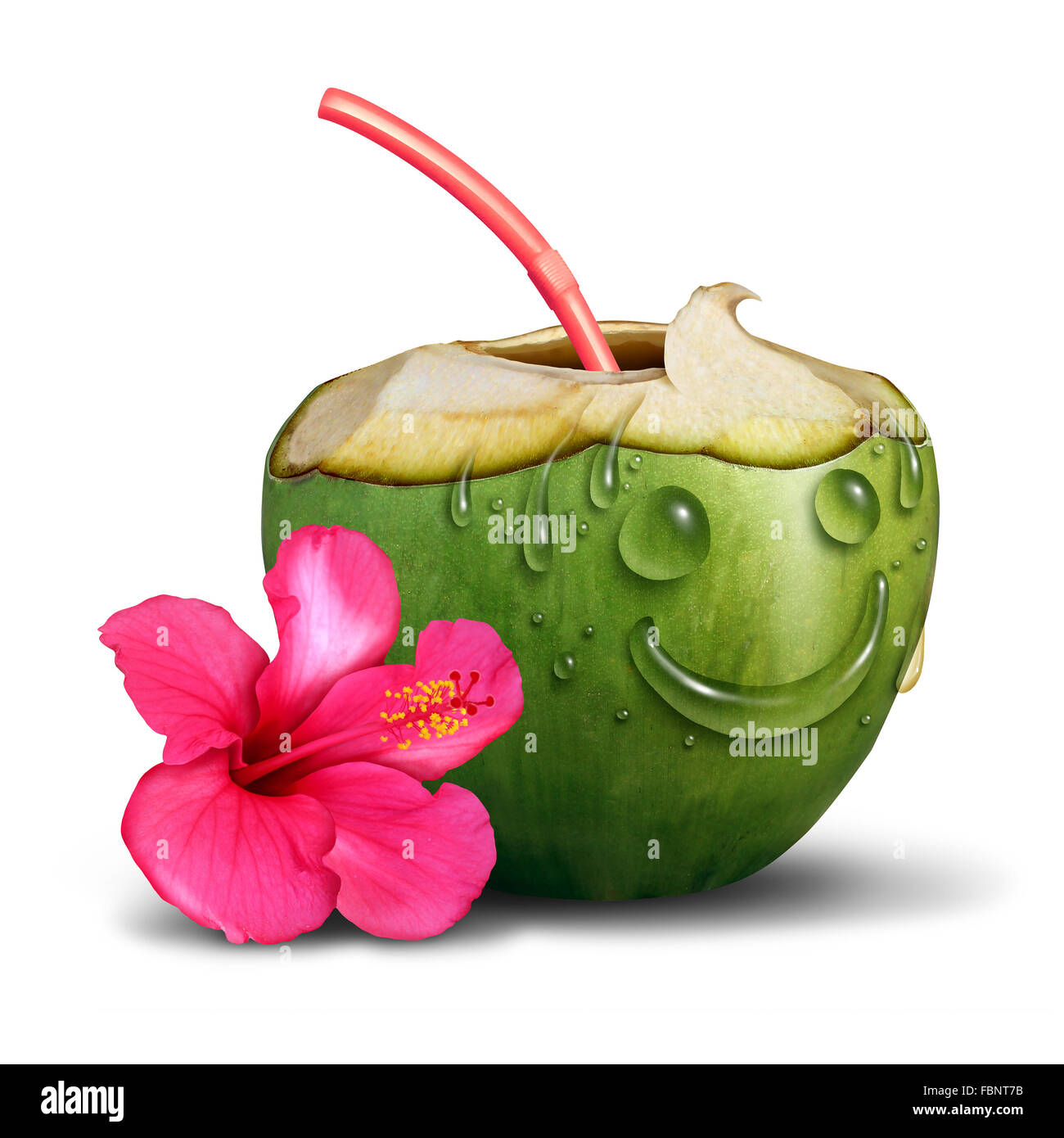 Glücklich tropische Konzept als eine geschnittene frische Kokosnuss mit einer Blume zu trinken und Wassertropfen geformt wie ein lächelndes Gesicht als Urlaub Entspannung Symbol und Freizeit Erholung-Ikone auf einem weißen Hintergrund. Stockfoto