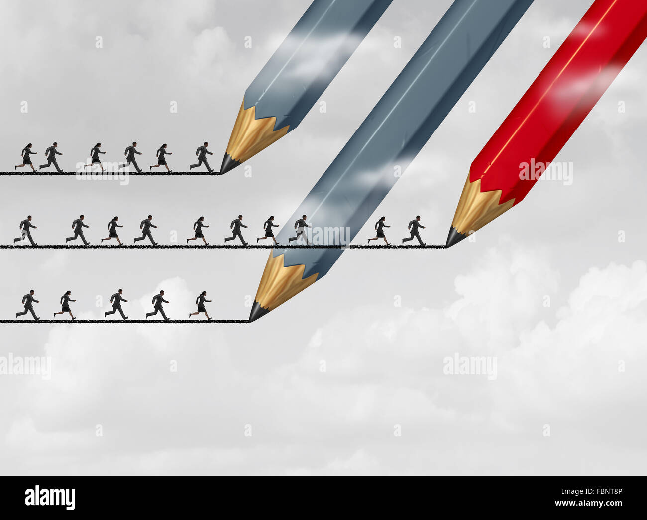 Erfolg im Business-Strategie mit einer Gruppe von eine Brücke Linie als eine Gruppe von Menschen, um ihr Ziel als ein roter Buntstift Bleistifte führt der Weg für das Siegerteam. Stockfoto