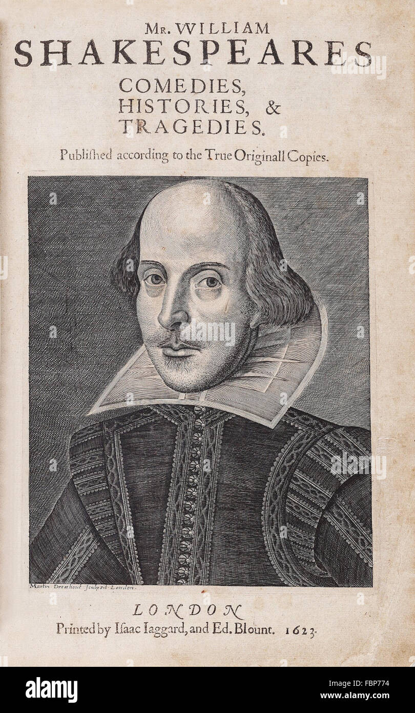 Die Titelseite von Shakespeares First Folio gesammelten Werke, veröffentlicht im Jahre 1623, mit Kupferstich von Martin Droeshout Stockfoto