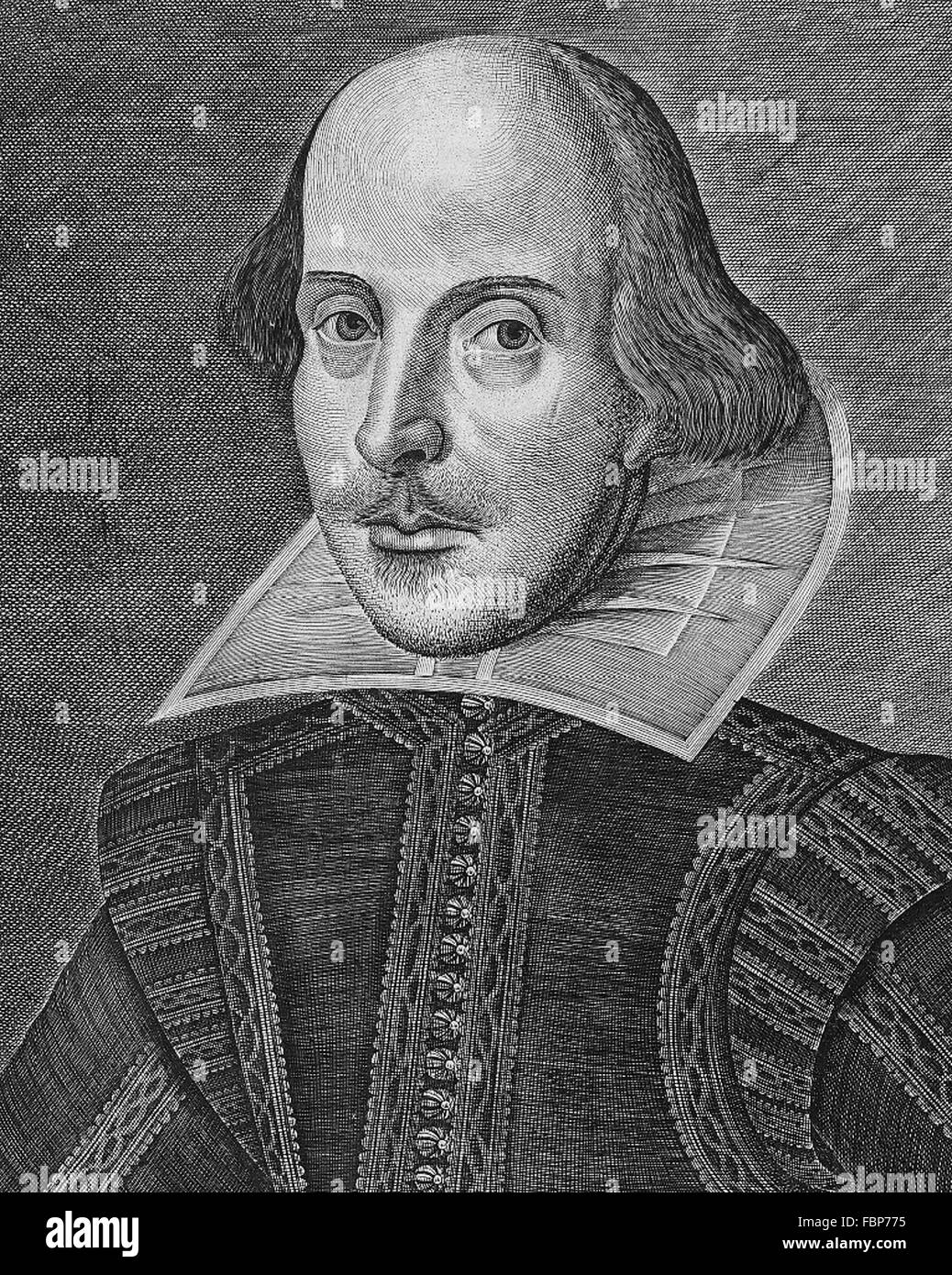 William Shakespeare, Portrait. Kupferstich von William Shakespeare von Martin Droeshout aus der Titelseite des ersten Blattes der gesammelten Werke, veröffentlicht im Jahre 1623 Stockfoto