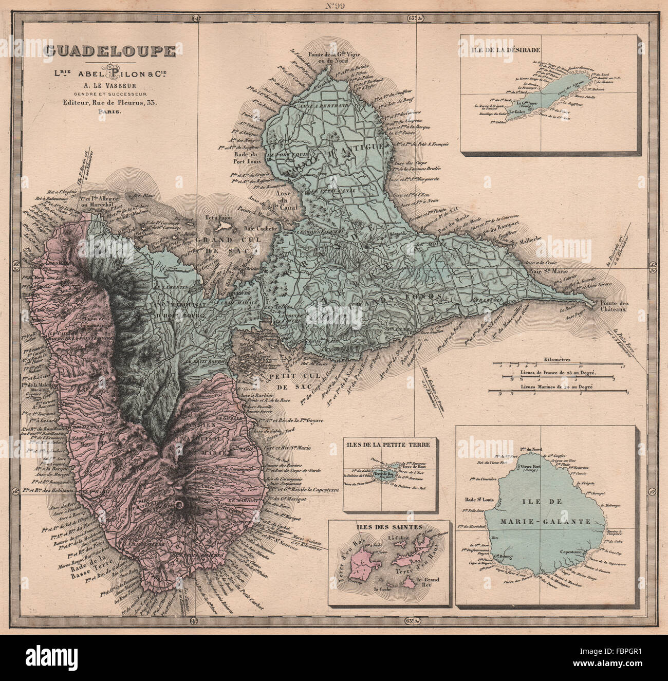 Ile de GUADELOUPE Marie-Galante Saintes Désirade. Antillen Françaises, 1876-Karte Stockfoto
