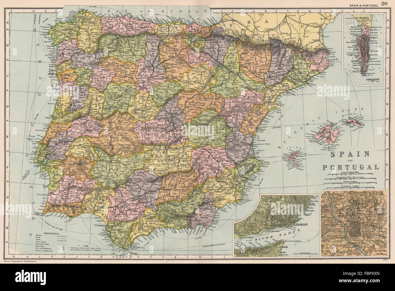 IBERIA-Spanien-Portugal. Schlachten/Termine. Gibraltar-Lissabon-Madrid. Speck, 1903 Karte Stockfoto