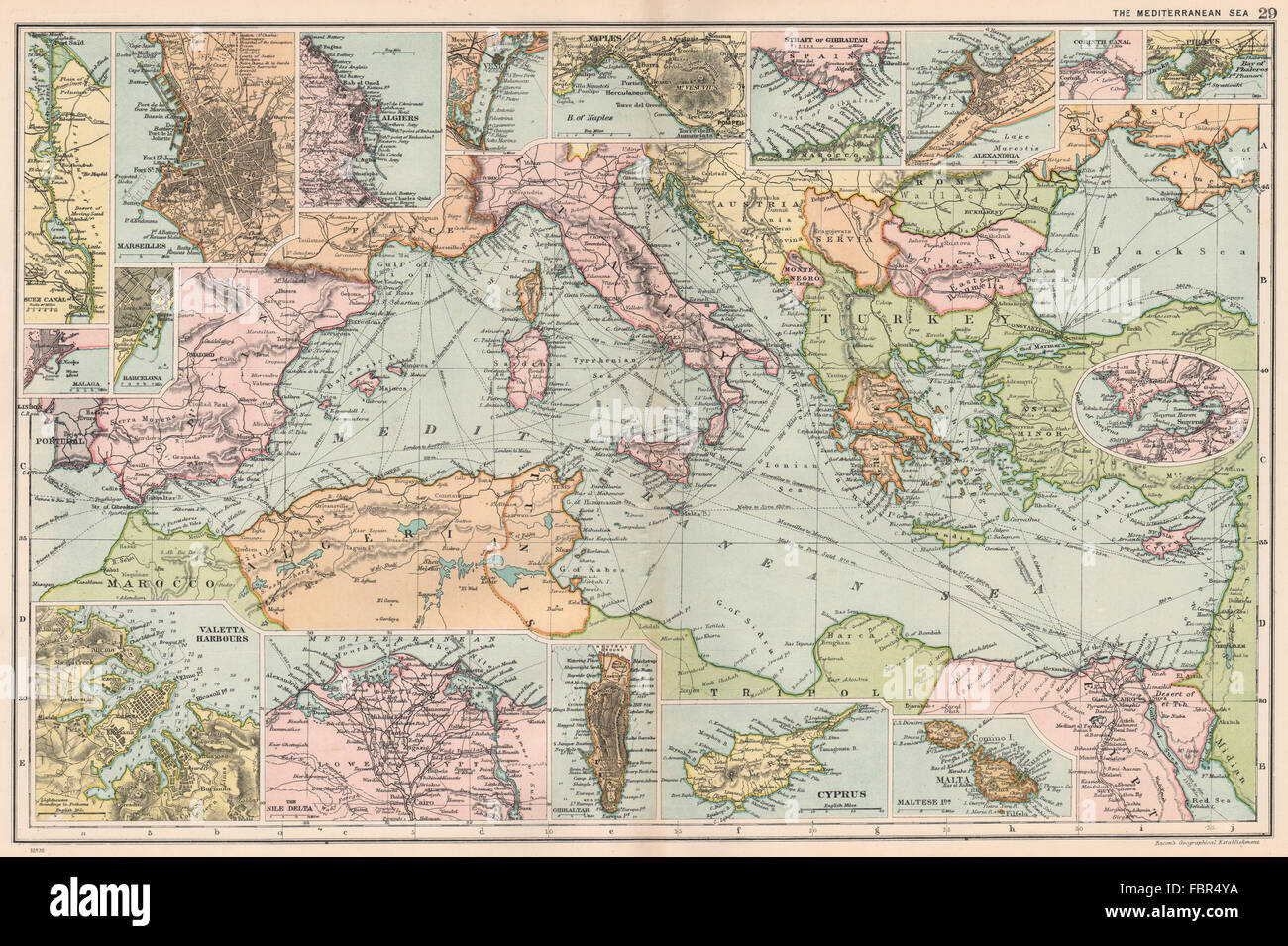 MITTELMEER-HÄFEN. Marseille Gibraltar Valetta Neapel Algier Piräus 1903 Karte Stockfoto