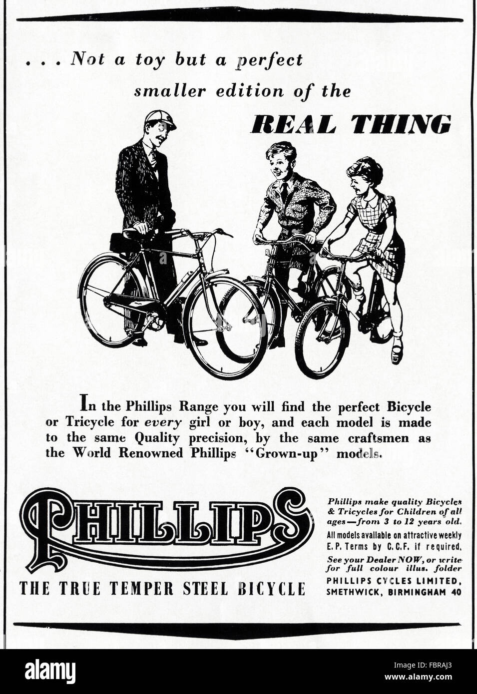 Original Vintage Anzeige aus der 1950er Jahre. Anzeige aus dem Jahr 1954 Werbung Phillips Zyklen von Smethwick Birmingham. Stockfoto