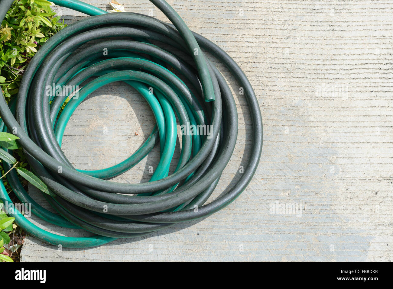 Alten grünen Schlauch gerollt auf dem Beton Boden im Garten. Stockfoto