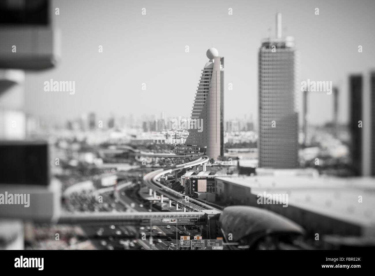 Auf der Dachterrasse Blick auf Dubai World Trade Centre, Dubai, Vereinigte Arabische Emirate. Stockfoto