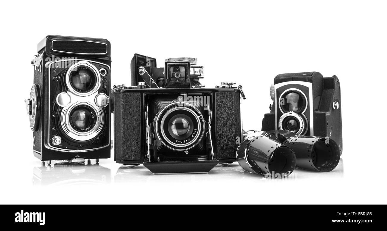 Alten Filmkameras auf weißem Hintergrund Stockfoto