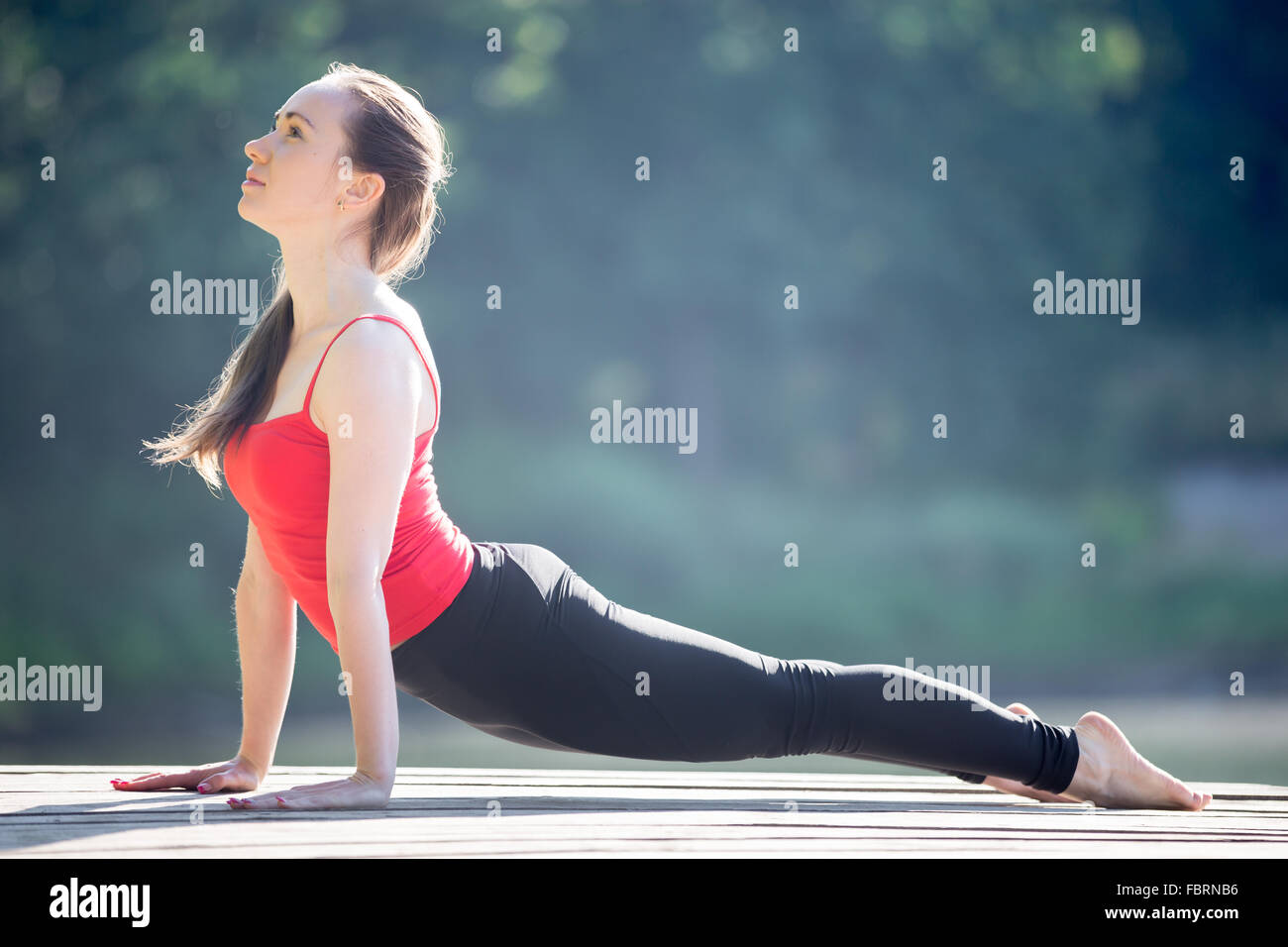 Schön passen sportliche junge Frau in Sportkleidung Sommertag im Freien arbeiten, Übung für Rücken, Urdhva mukha Stockfoto