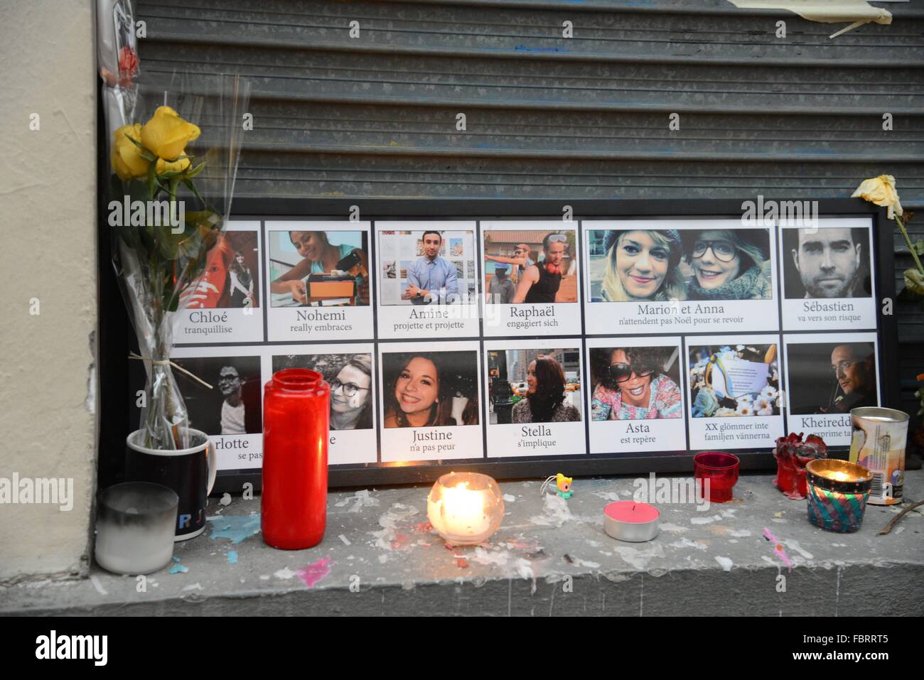 Fotos der Opfer von Terror-Angriff im Restaurant Le Carillon, Paris, 12. Dezember 2015. Stockfoto