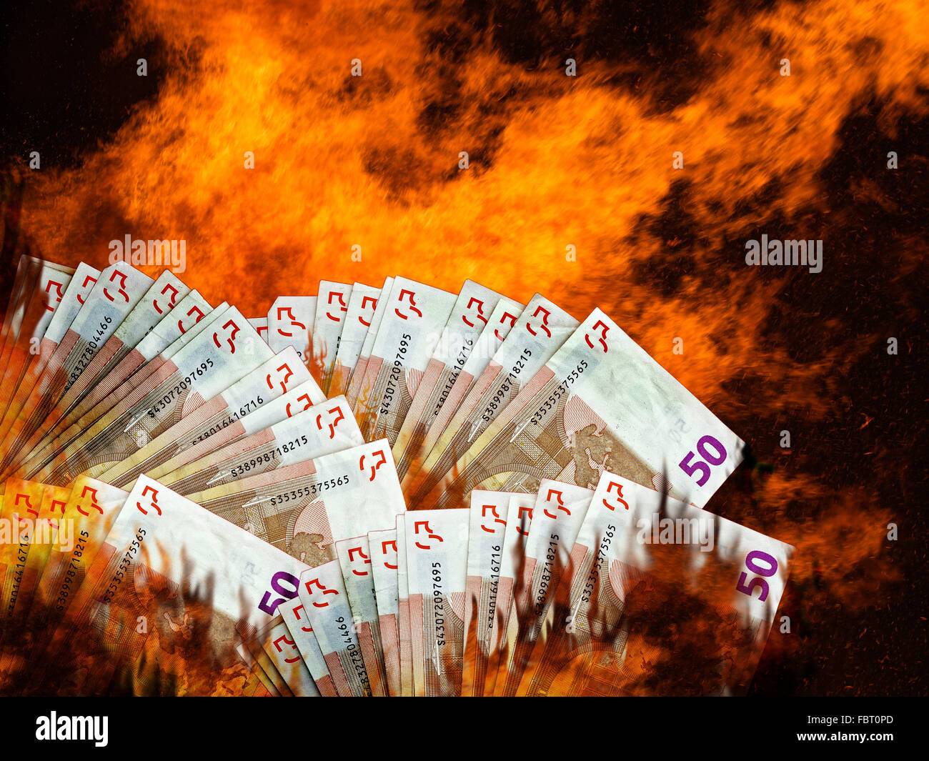 Euro-Währung oder Geldmärkte am Feuer oder in Flammen. Börse, EU Finanzkrise etc.. Stockfoto