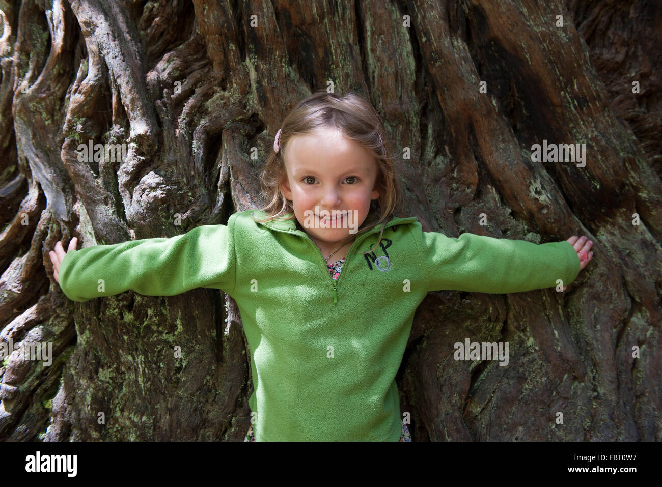 Mädchen umarmt großen Baumstamm, portrait Stockfoto