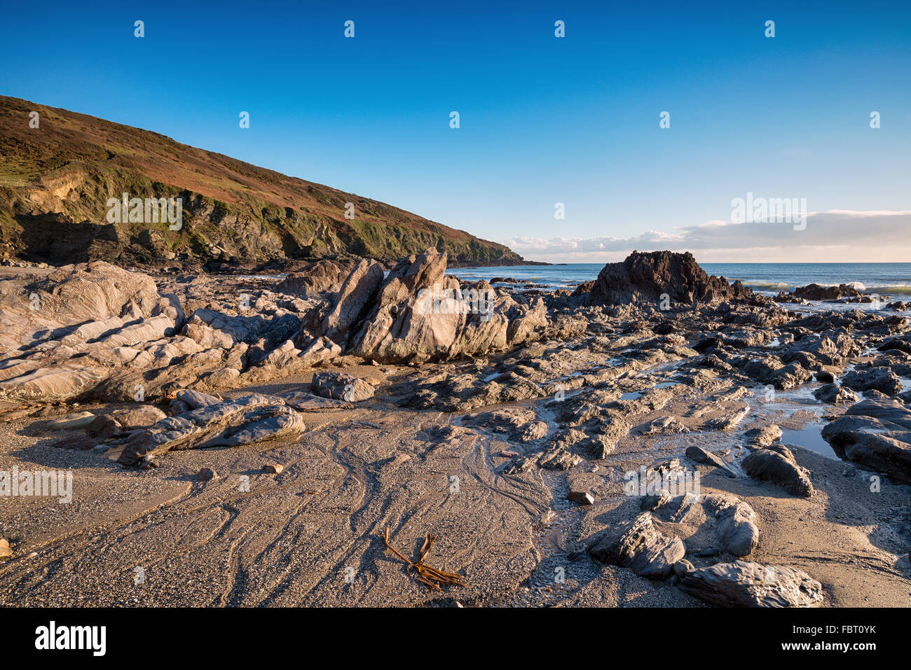 Felsen bei Ebbe am Strand von Hemmick an der südlichen Küste von Cornwall Stockfoto