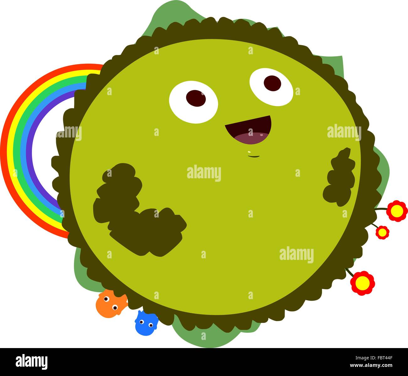 Eine Vektor-Illustration eines niedlichen grünen Planeten mit Blumen und Regenbogen. Stock Vektor