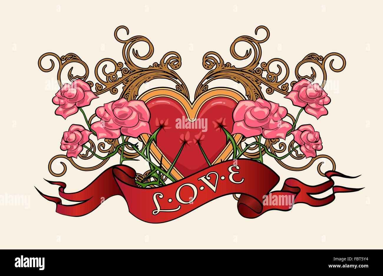 Herz in Rosen mit Dornen und Formulierung von Liebe. Abbildung im Tattoo-Stil. Stock Vektor