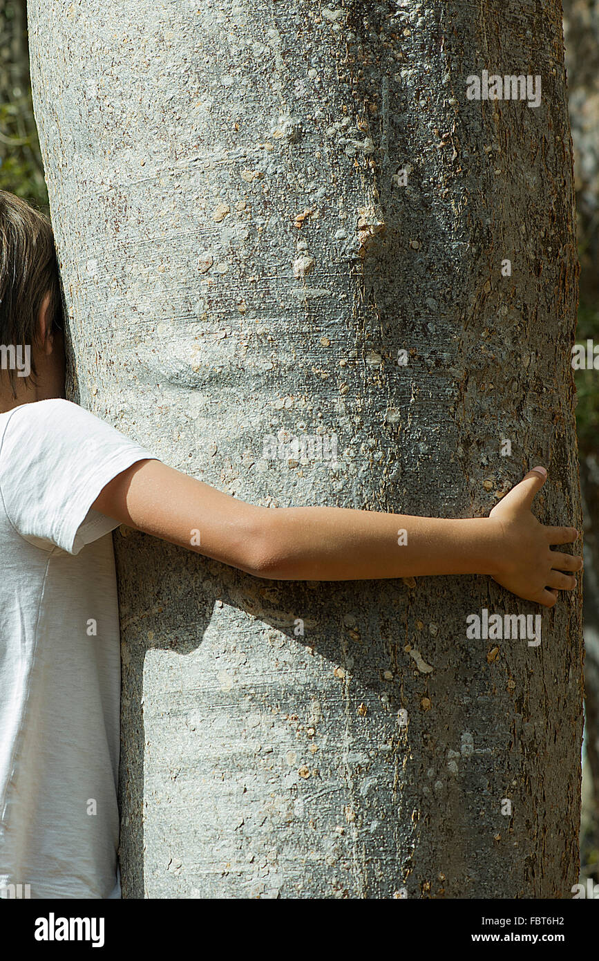 Junge umarmt Baum Stockfoto