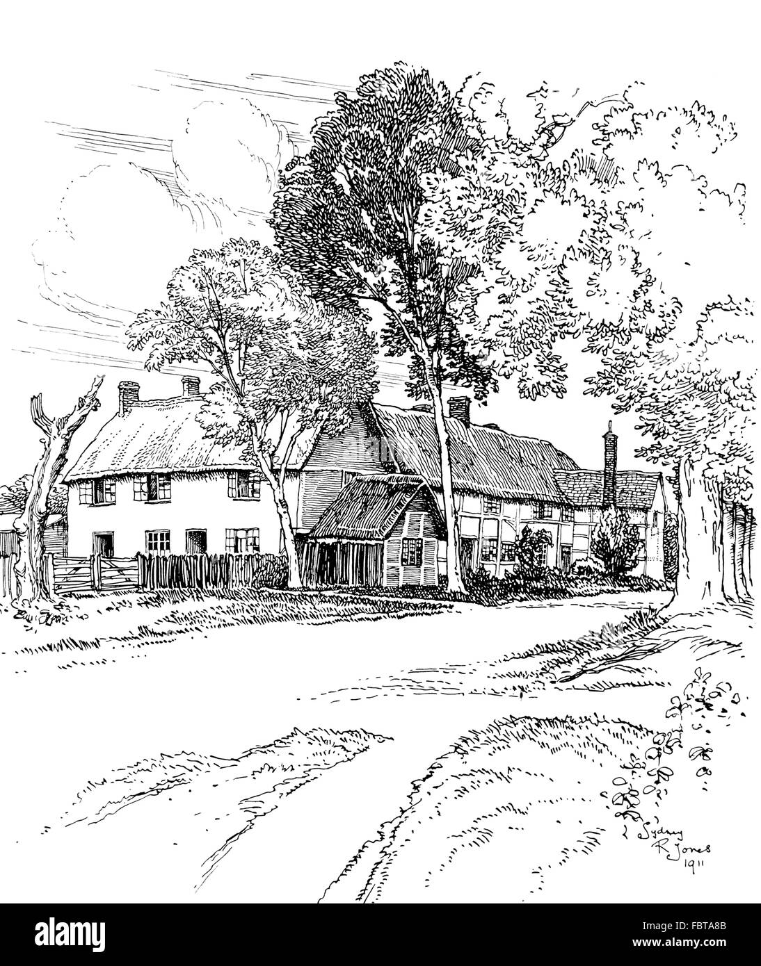 Großbritannien, England, Oxfordshire, Steventon, Dorfhäuser, strohgedeckten, neben Straße im Jahre 1911, Linie Illustration von Sydney R Jones Stockfoto