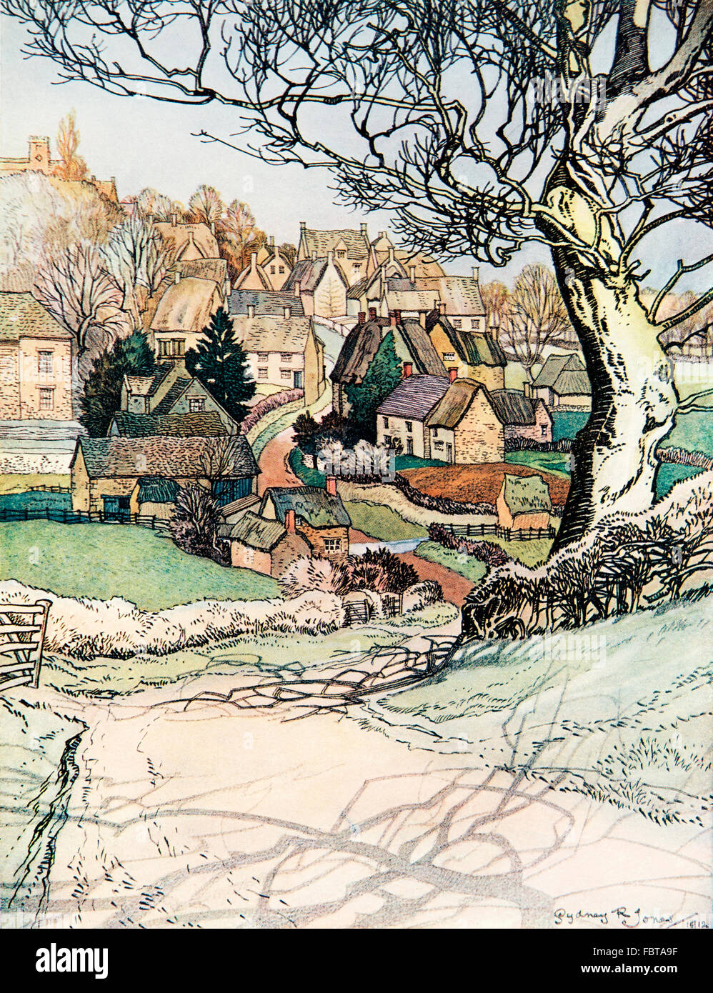 Großbritannien, England, Oxfordshire, Lane Abstieg in Horley Dorf, 1912 Stift und Aquarell Abbildung von Sydney R Jones Stockfoto