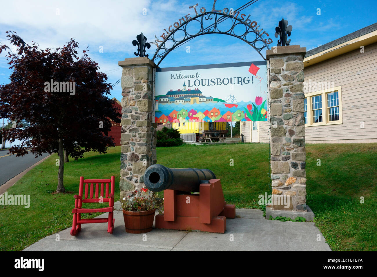 Ein Willkommen Zeichen an Louisbourg, Cape Breton, Nova Scotia, Kanada Stockfoto