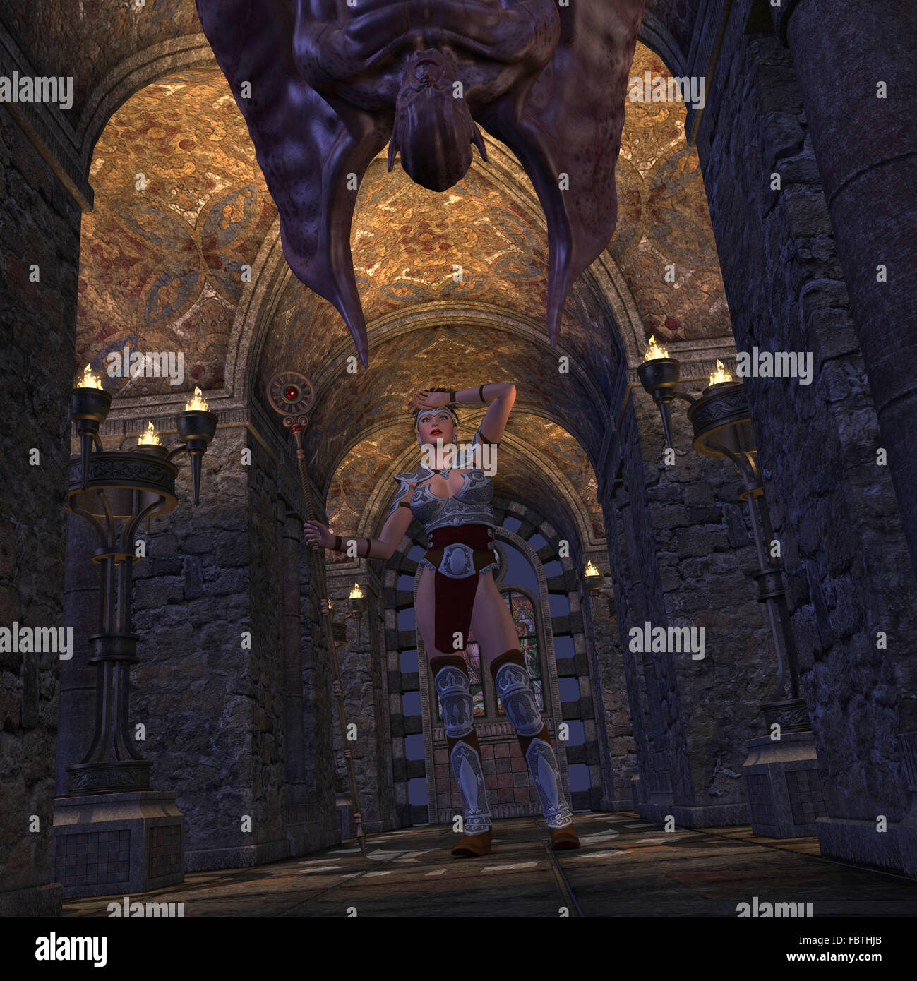 Krieger in Rüstung und Dämon Stockfoto