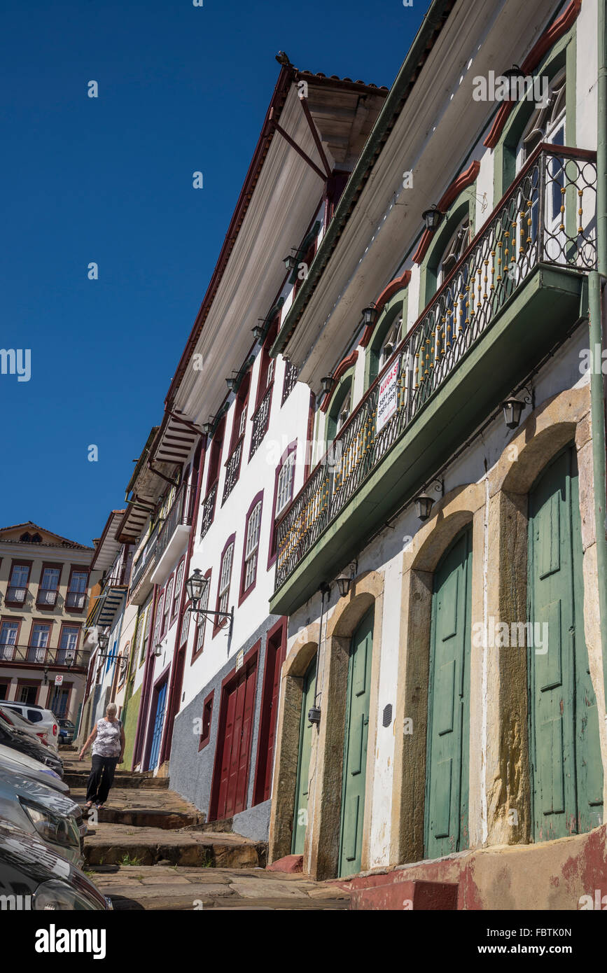 Bunte historische Häuser, Ouro Preto, Minas Gerais, Brasilien Stockfoto