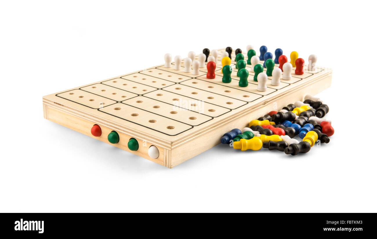 Mastermind - hölzerne Rätsel-Spiel - isoliert auf weiss Stockfoto