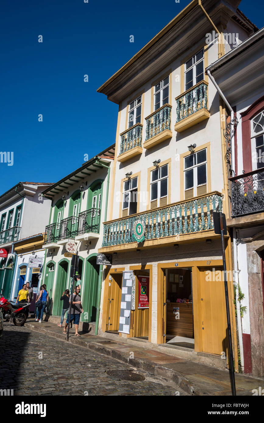 Bunte historische Häuser, Ouro Preto, Minas Gerais, Brasilien Stockfoto
