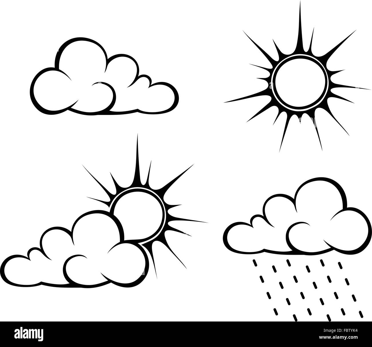 Schwarze Konturen von Wolken und Sonne. Vektor-Illustration. Stock Vektor