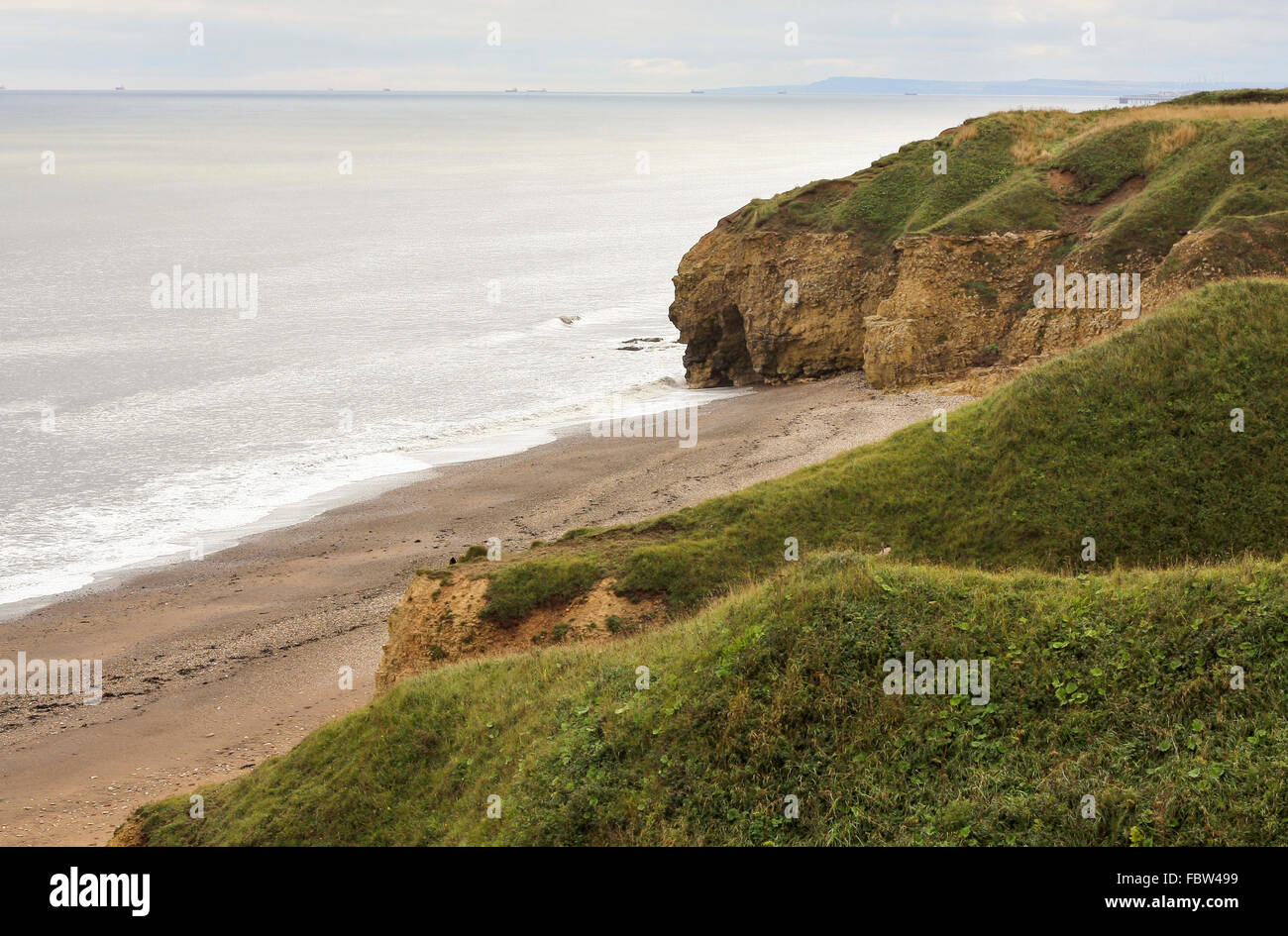 Die zerklüftete Küste bei Blackhall Rocks im Nordosten von England mit mehreren Schiffen am Horizont Stockfoto