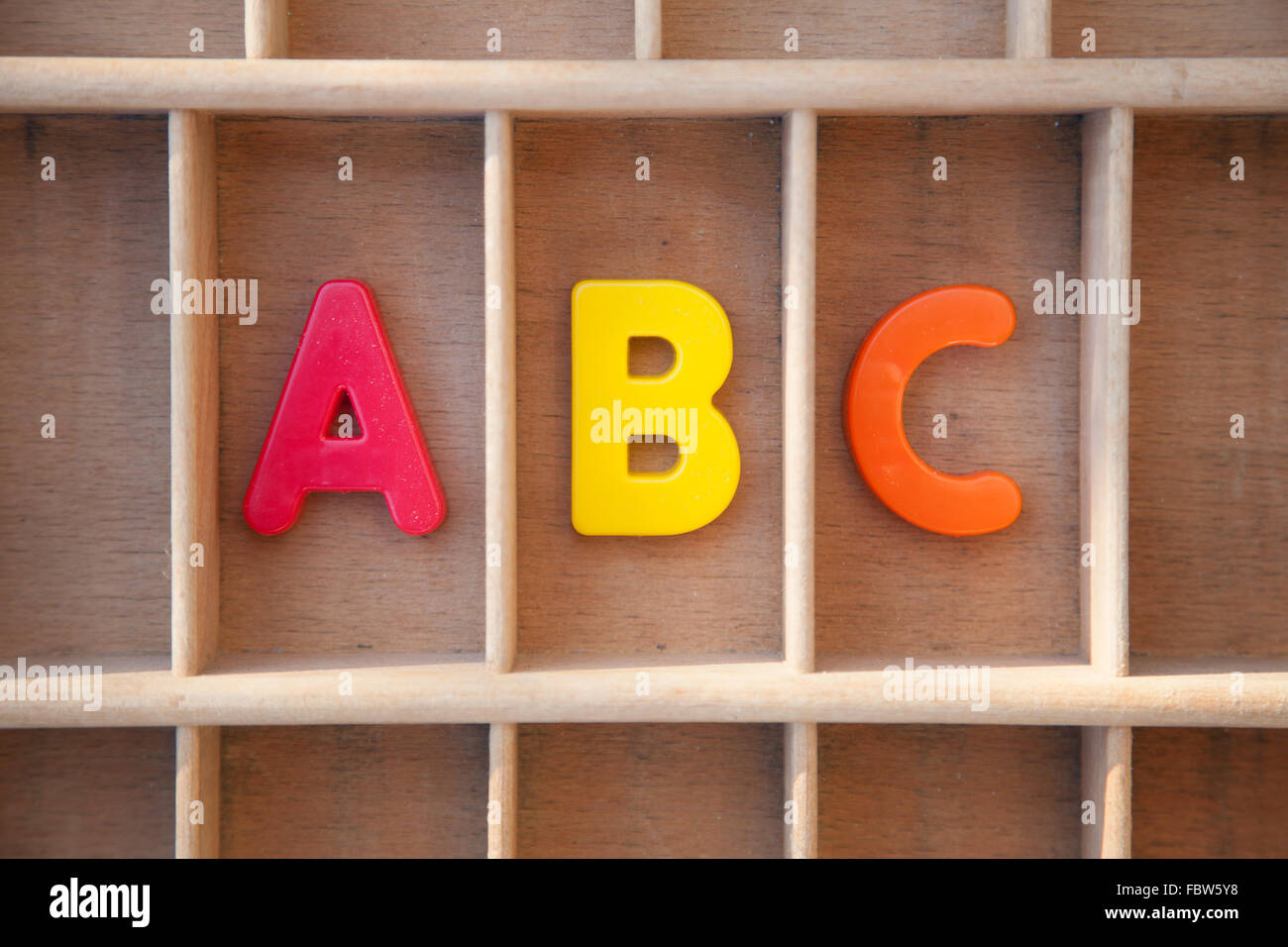 Alphabet Buchstaben in einem hölzernen Groß-/Kleinschreibung Stockfoto