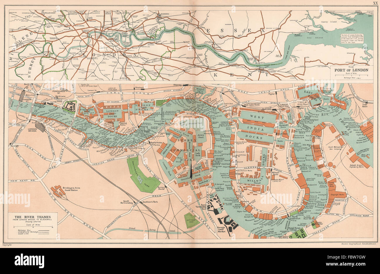 DER PORT OF LONDON zeigt Kais & Docks. Thames. Vintage Karte. SPECK, 1927 Stockfoto