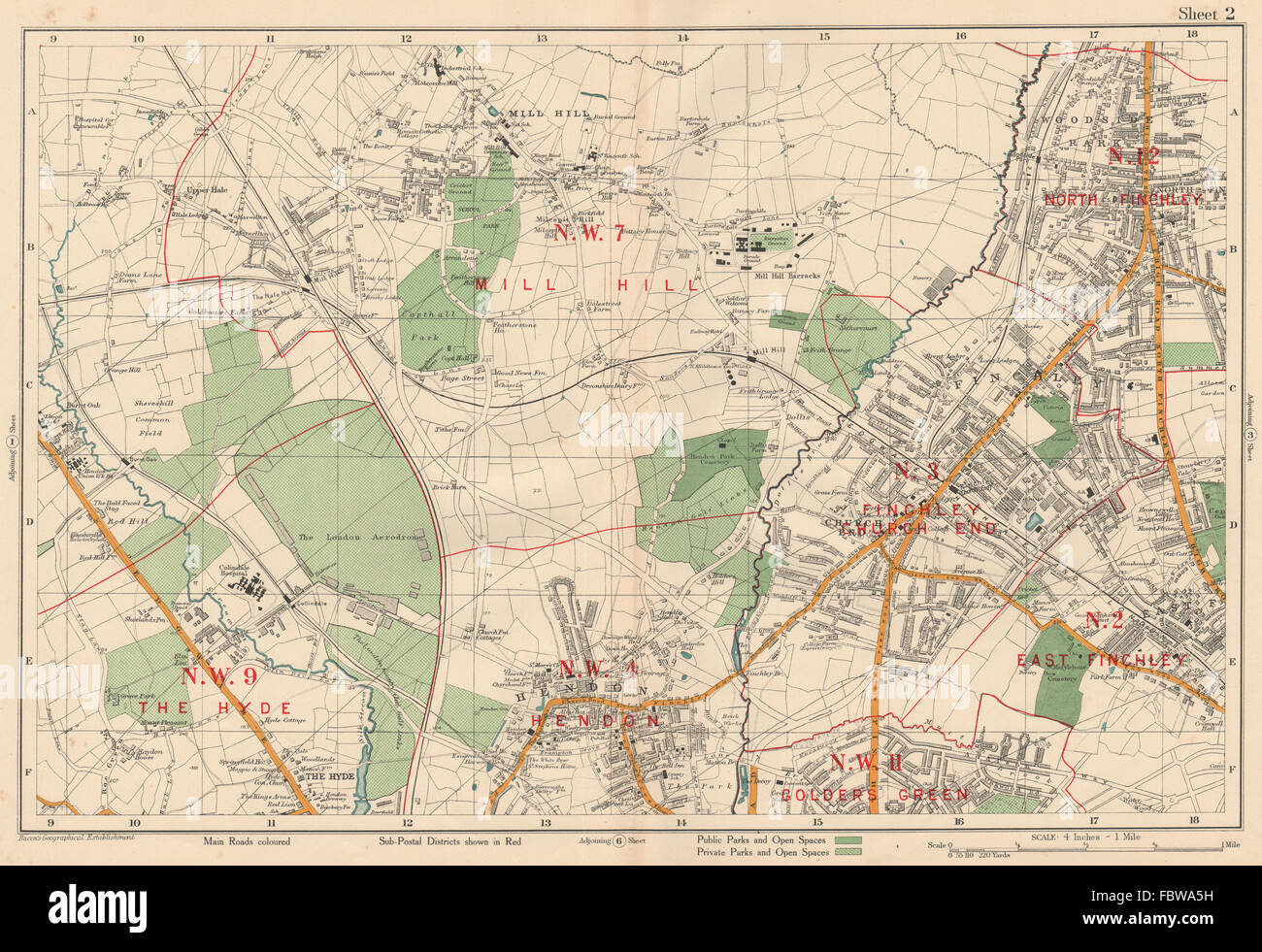 FINCHLEY/HENDON Mill Hill Hyde Golders Green Edgware Colindale. Speck, 1927-Karte Stockfoto