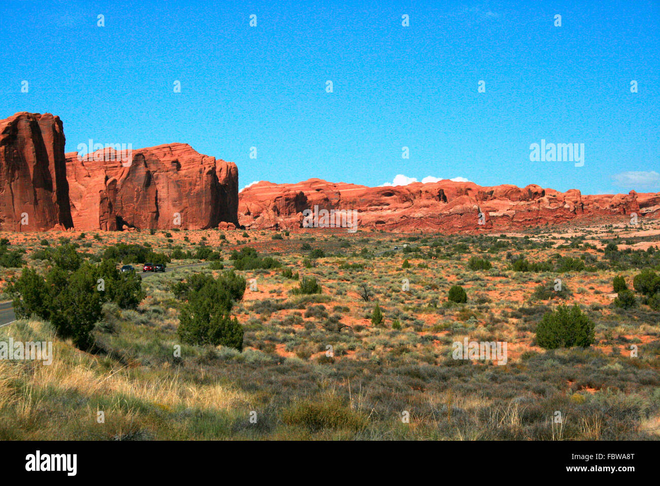 Roten Felsformationen geformt von Wind und Regen Erosion hergestellt aus Entrada Sandstein im Arches National Park in Moab, Utah, USA. Stockfoto
