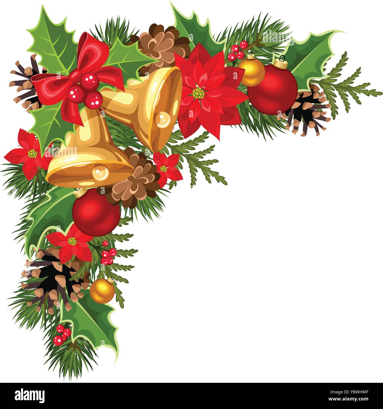 Weihnachten dekorative Ecke mit Tanne ste, Kugeln, Glocken, Holly,  Weihnachtsstern und Zapfen. Vektor-Illustration Stock-Vektorgrafik - Alamy